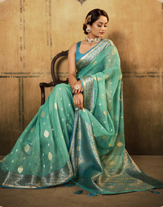 Satrani Self Design, Woven, Embellished Banarasi Cotton Silk, Silk Blend Saree