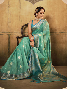 Satrani Self Design, Woven, Embellished Banarasi Cotton Silk, Silk Blend Saree