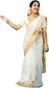 KHODIYAR TRENDZ Woven Kasavu Cotton Blend, Pure Cotton Saree