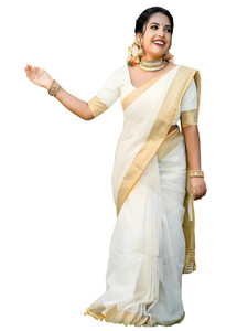 KHODIYAR TRENDZ Woven Kasavu Cotton Blend, Pure Cotton Saree