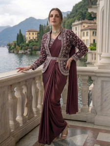 nilormy Embroidered Pre Draped Saree Satin Saree