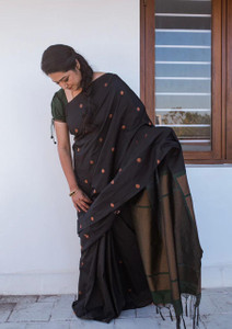 WILLMAKE Self Design, Color Block, Temple Border, Geometric Print, Striped, Woven, Solid/Plain Kanjivaram Jacquard, Art Silk Saree