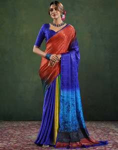 Samah Digital Print, Embellished, Woven, Striped Bollywood Crepe, Pure Silk Saree