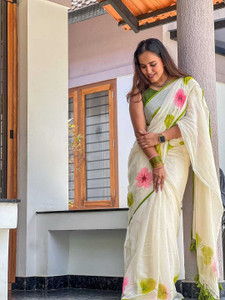 Aquiliq Printed Bollywood Linen, Cotton Blend Saree