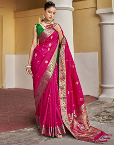 Satrani Self Design, Woven, Embellished Banarasi Cotton Silk, Silk Blend Saree
