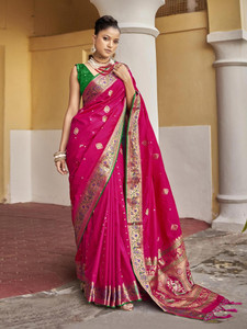 Satrani Self Design, Woven, Embellished Banarasi Cotton Silk, Silk Blend Saree