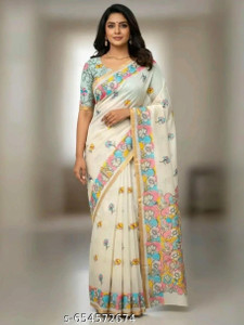 VILLAGIUS Color Block, Digital Print, Floral Print, Graphic Print, Hand Painted Daily Wear Silk Blend, Cotton Silk Saree