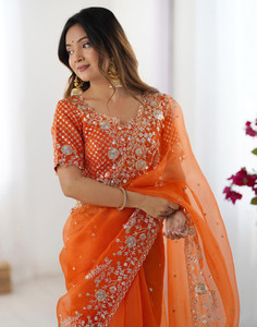 Satrani Embroidered, Embellished Bollywood Organza Saree