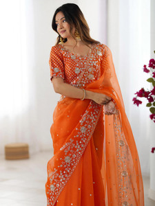 Satrani Embroidered, Embellished Bollywood Organza Saree