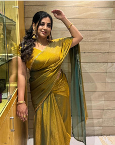KanjiQueen Solid/Plain, Embellished Daily Wear Pure Silk, Chiffon Saree