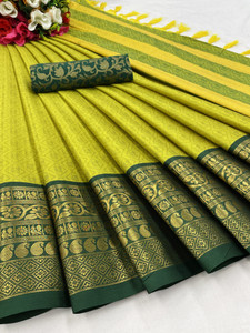 KanjiQueen Woven, Printed Kanjivaram Cotton Silk, Silk Blend Saree