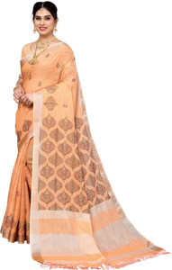 ALAGINI Embroidered, Woven Kalamkari Cotton Linen Saree