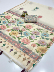 niesha fashion Floral Print, Printed, Geometric Print Daily Wear Linen Saree