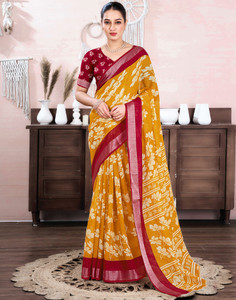 Samah Embellished, Printed Daily Wear Linen, Cotton Blend Saree