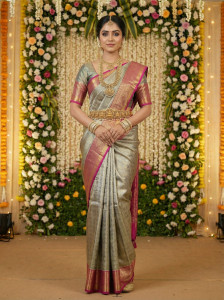 MIMOSA Embellished, Paisley, Temple Border, Woven Kanjivaram Art Silk Saree