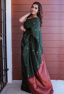 WILLMAKE Self Design, Color Block, Temple Border, Geometric Print, Striped, Woven, Solid/Plain Kanjivaram Jacquard, Art Silk Saree