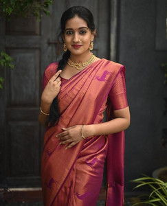 PHEASANT Woven, Applique, Embellished, Self Design, Dyed Kanjivaram Jacquard, Art Silk Saree