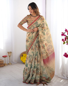 Satrani Floral Print, Woven, Embellished Kalamkari Linen Saree