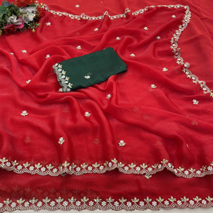 KanjiQueen Embroidered Saree with Attached Blouse Chiffon, Silk Blend Saree