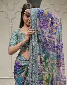 Ghan Sals Embroidered, Embellished, Woven Bollywood Silk Blend Saree