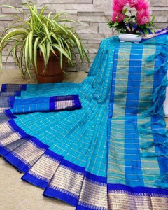 RUHKURSH Checkered Chettinadu Cotton Silk, Jacquard Saree