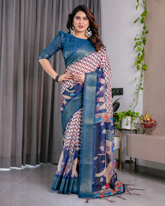 PERI FASHION Printed Madhubani Linen Saree