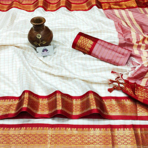 silkwear Checkered Kanjivaram Cotton Silk Saree