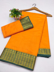 VAKHARIYAFAB Temple Border Banarasi Cotton Silk, Pure Silk Saree