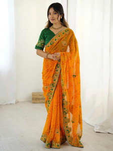Samah Printed, Embroidered Bandhani Lace, Georgette Saree