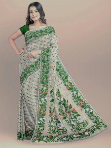 cloud vastra Printed Jamdani Cotton Blend Saree