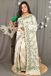 HARNARMADE Floral Print Kantha Cotton Silk Saree