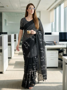 Anand Sarees Embellished, Digital Print, Striped, Floral Print Bollywood Cotton Linen Saree