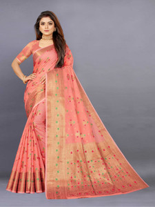 WILLMAKE Self Design, Color Block, Temple Border, Geometric Print, Striped, Woven, Floral Print, Solid/Plain Bollywood Jacquard, Cotton Silk Saree
