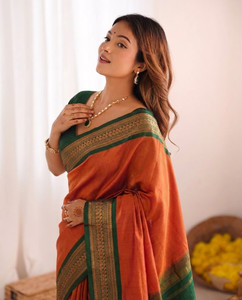 VILLAGIUS Woven, Printed Banarasi Cotton Silk, Art Silk Saree