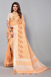 ALAGINI Woven Lucknow Chikankari Cotton Linen, Pure Cotton Saree