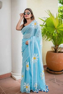 GLOWMOROUS Floral Print, Printed, Color Block, Digital Print, Blocked Printed, Hand Painted, Tie-Dye Handloom Mulmul, Cotton Linen Saree