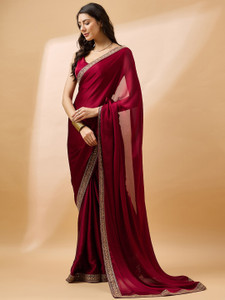TTH Solid/Plain Bollywood Satin, Pure Silk Saree