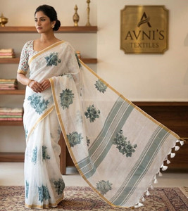 DASTKARPRINT Printed, Blocked Printed, Geometric Print, Floral Print, Dyed Daily Wear Pure Cotton Saree