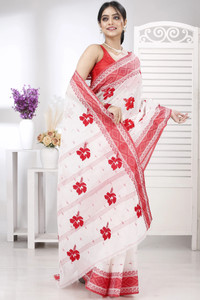 PuJoy Embroidered, Woven, Self Design Tant Pure Cotton Saree