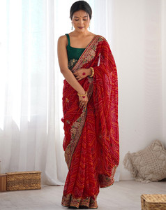 Satrani Printed, Embroidered, Embellished Bandhani Georgette, Lace Saree