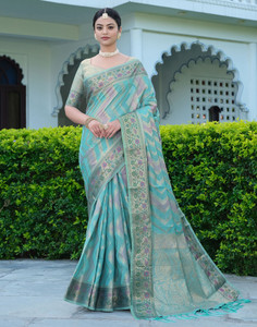 Satrani Woven, Embellished, Self Design Ikkat Organza, Jacquard Saree