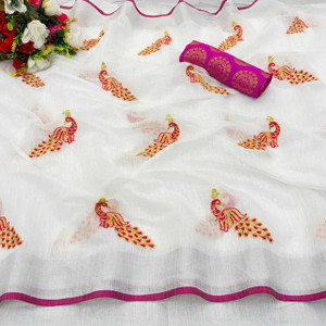 KRIVITY Embroidered Chanderi Cotton Linen Saree