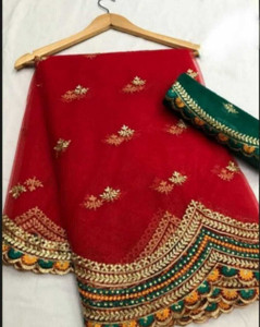 OmDesignerSaree Embroidered, Embellished Bhagalpuri Net, Cotton Silk Saree