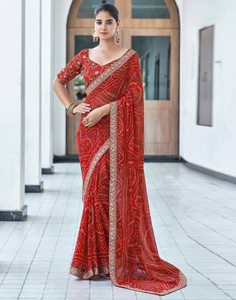 Samah Printed, Embroidered, Embellished Bandhani Chiffon, Georgette Saree