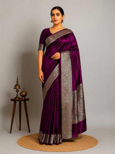 Sijileen Solid/Plain Banarasi Satin, Silk Blend Saree