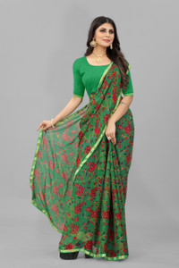 WEYLIN Printed, Embellished, Floral Print, Solid/Plain Daily Wear Chiffon Saree