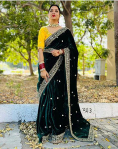 Krisha Fashion Solid/Plain Bollywood Velvet Saree