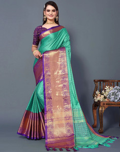 VILLAGIUS Woven, Self Design, Embellished Dharmavaram Jacquard, Cotton Silk Saree