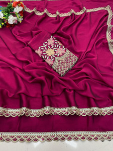 K 5 FASHION Self Design, Solid/Plain, Embroidered Bollywood Chiffon Saree