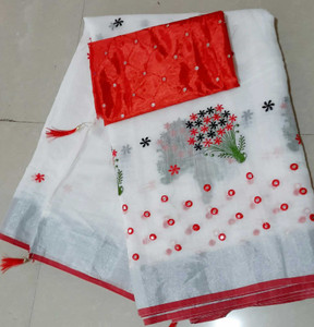 KRIVITY Embroidered Bollywood Cotton Linen Saree
